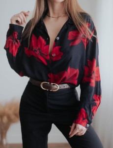 Czarna koszula w kwiaty Vintage/ 100 % WISKOZA/ r. XXXL