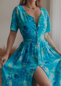 Lazurowa szmizjerka w kwiaty Vintage/ 100 % WISKOZA/ r. L-XL