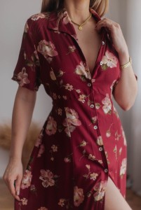 (wada!) Bordowa szmizjerka midi w kwiaty Vintage/ 100 % WISKOZA / r. L