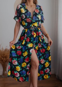 Czarna sukienka w kwiaty Vintage/ 100 % WISKOZA/ r. XL