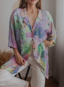 Lekka koszula w pastelowe wzory oversize Vintage/ 100 % WISKOZA/ r. XXXL