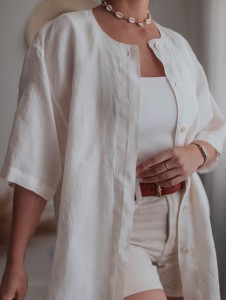 Długa lniana koszula z haftem Vintage/ 100% LEN / r. XL