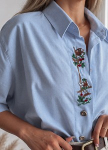 Błękitna koszula z haftem Vintage/ 80 % BAWEŁNA / r. XXL