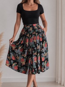 Kreszowana spódnica w kwiaty vintage/ 100 % WISKOZA / r. L