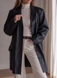 Czarny skórzany płaszcz Vintage / 100 % SKÓRA / r. XXL